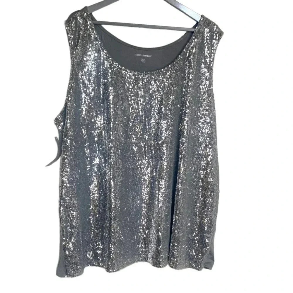 Jessica London Silver Sequin Tank Top Plus Size 26 28 Sleeveless Sparkly Evening